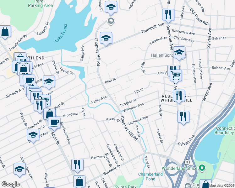 map of restaurants, bars, coffee shops, grocery stores, and more near 455 Woodlawn Avenue in Bridgeport