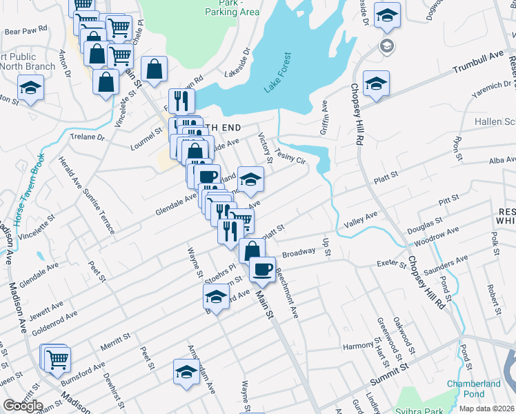 map of restaurants, bars, coffee shops, grocery stores, and more near 275 Tesiny Avenue in Bridgeport