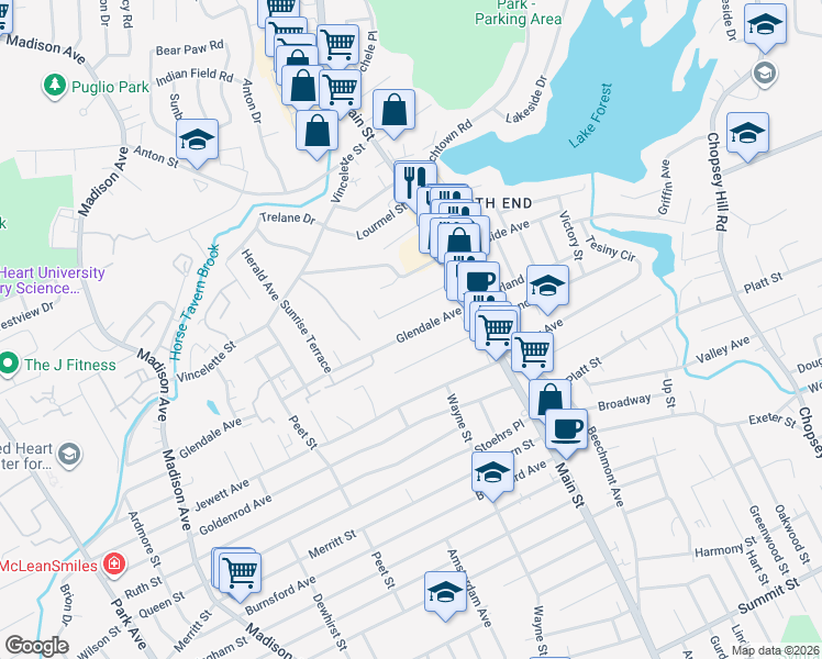 map of restaurants, bars, coffee shops, grocery stores, and more near 158 Glendale Avenue in Bridgeport