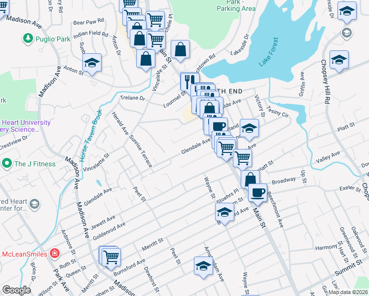 map of restaurants, bars, coffee shops, grocery stores, and more near 158 Glendale Avenue in Bridgeport