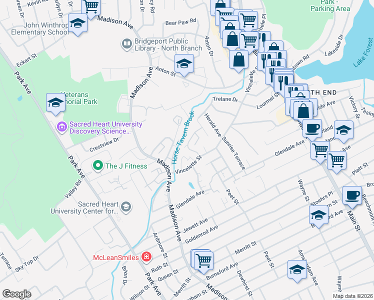 map of restaurants, bars, coffee shops, grocery stores, and more near 64 Kennedy Drive in Bridgeport