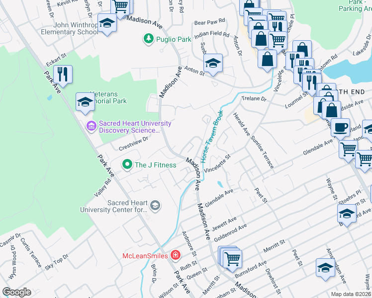 map of restaurants, bars, coffee shops, grocery stores, and more near 216 Cherry Hill Drive in Bridgeport