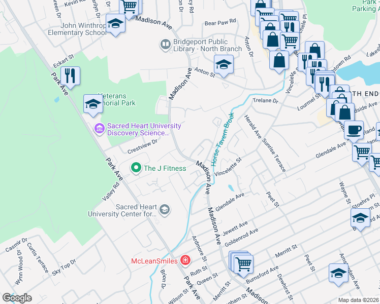 map of restaurants, bars, coffee shops, grocery stores, and more near 216 Cherry Hill Drive in Bridgeport