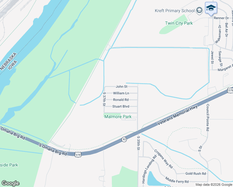 map of restaurants, bars, coffee shops, grocery stores, and more near 3604 William Lane in Council Bluffs