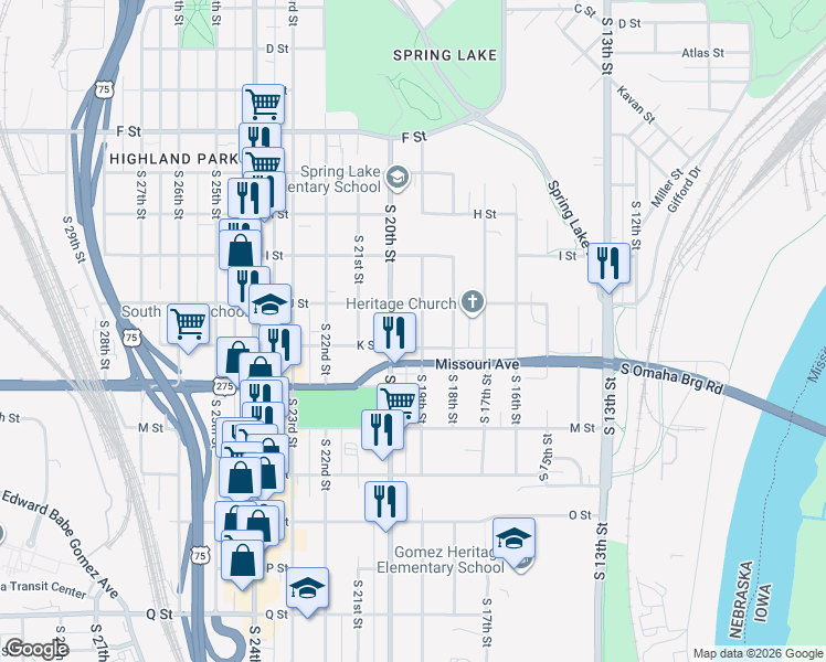 map of restaurants, bars, coffee shops, grocery stores, and more near 4521 South 20th Street in Omaha
