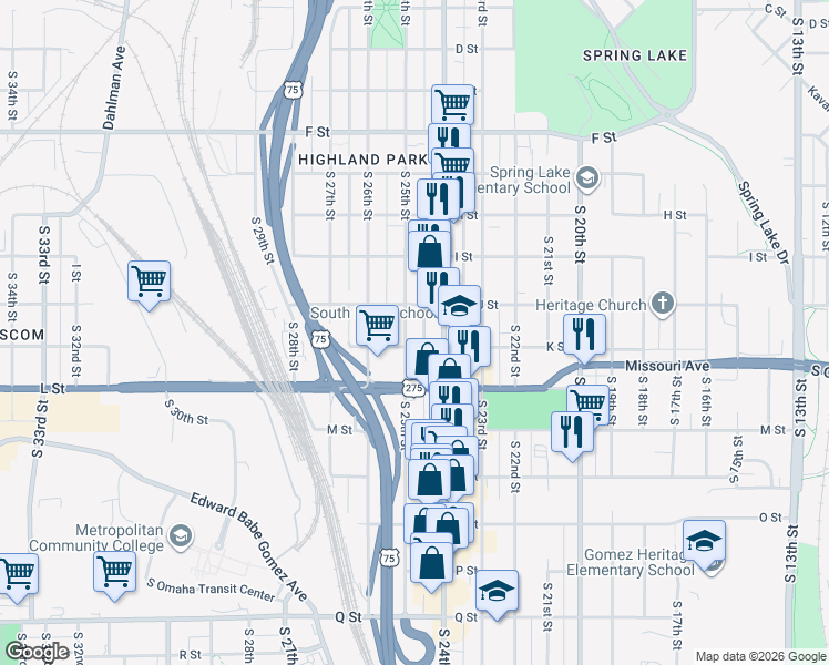 map of restaurants, bars, coffee shops, grocery stores, and more near 4522 South 24th Street in Omaha