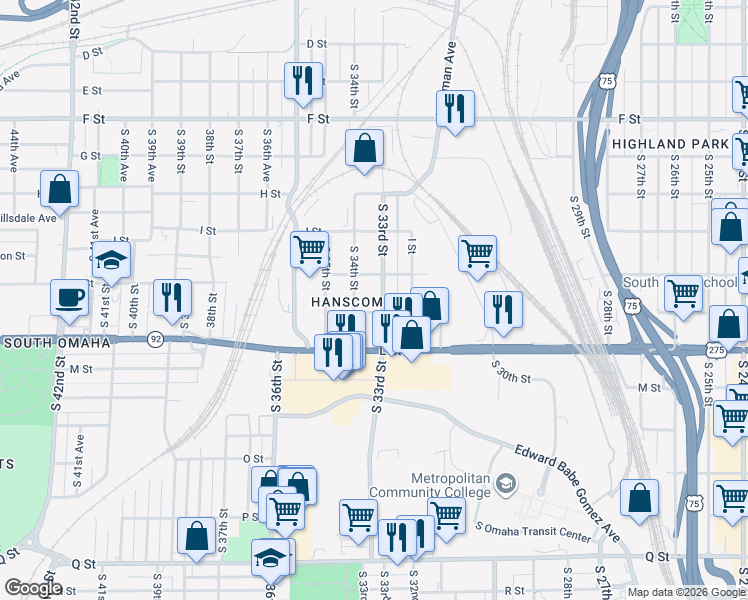 map of restaurants, bars, coffee shops, grocery stores, and more near 4511 South 33rd Street in Omaha