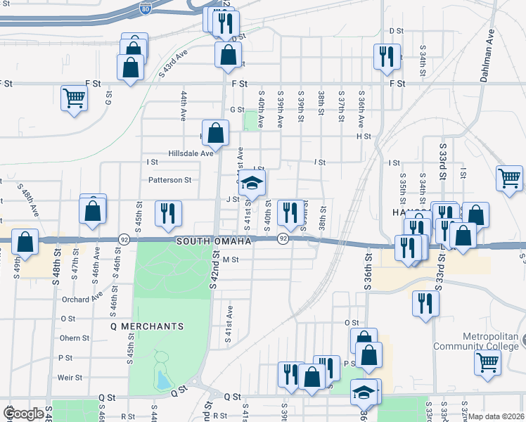 map of restaurants, bars, coffee shops, grocery stores, and more near 4509 South 40th Street in Omaha
