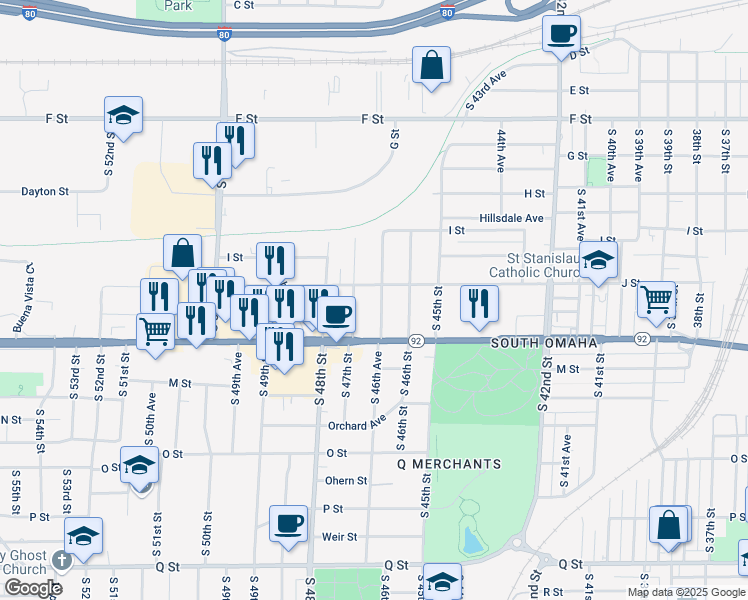 map of restaurants, bars, coffee shops, grocery stores, and more near 4510 South 46th Avenue in Omaha