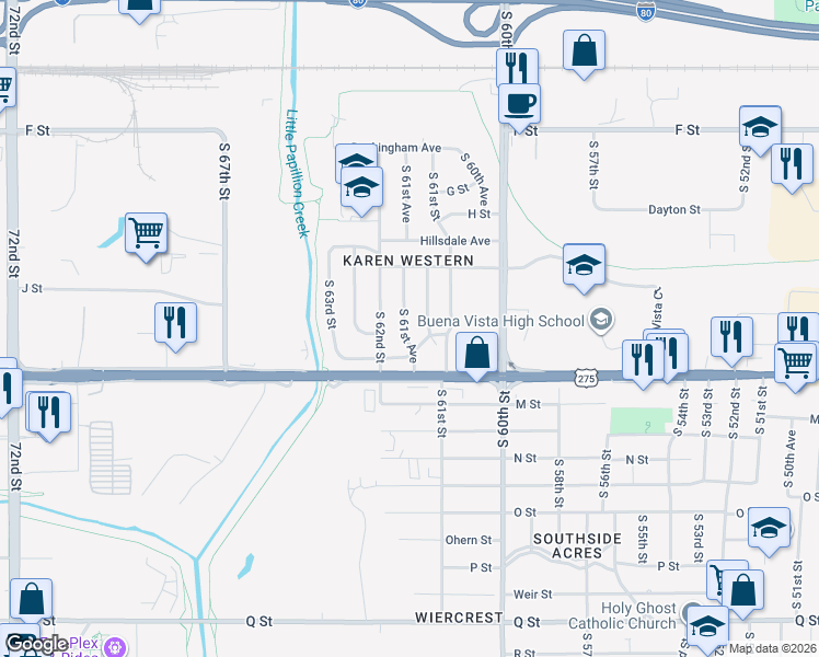 map of restaurants, bars, coffee shops, grocery stores, and more near 4602 South 61st Avenue in Omaha