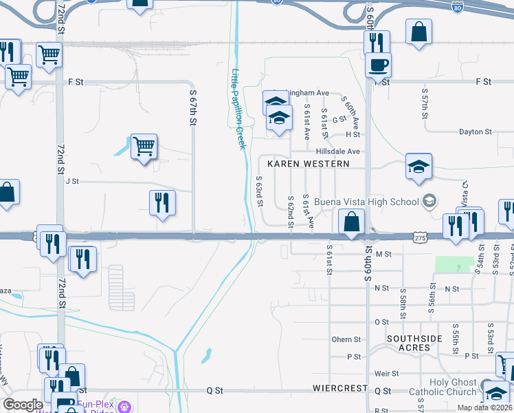 map of restaurants, bars, coffee shops, grocery stores, and more near 4528-1/2 South 63rd Street in Omaha