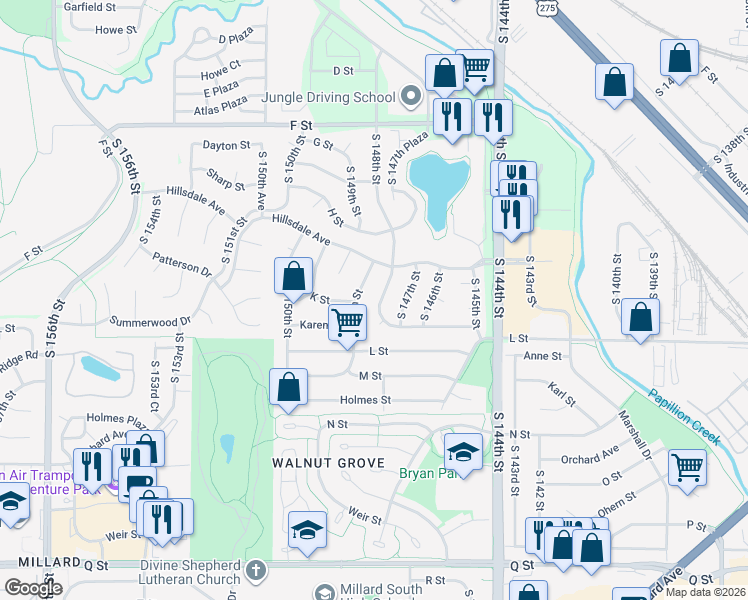 map of restaurants, bars, coffee shops, grocery stores, and more near 4502 South 148th Street in Omaha