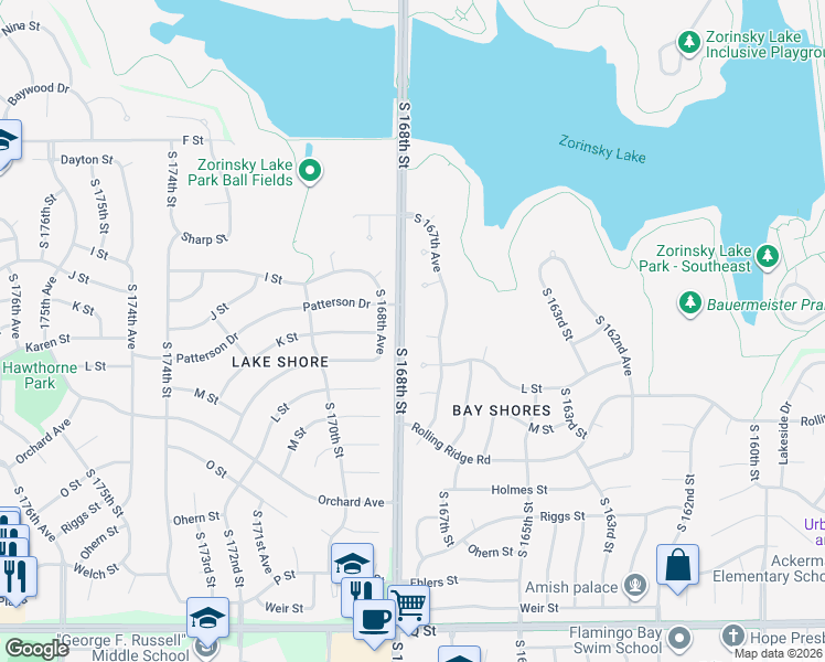 map of restaurants, bars, coffee shops, grocery stores, and more near 16760 K Circle in Omaha