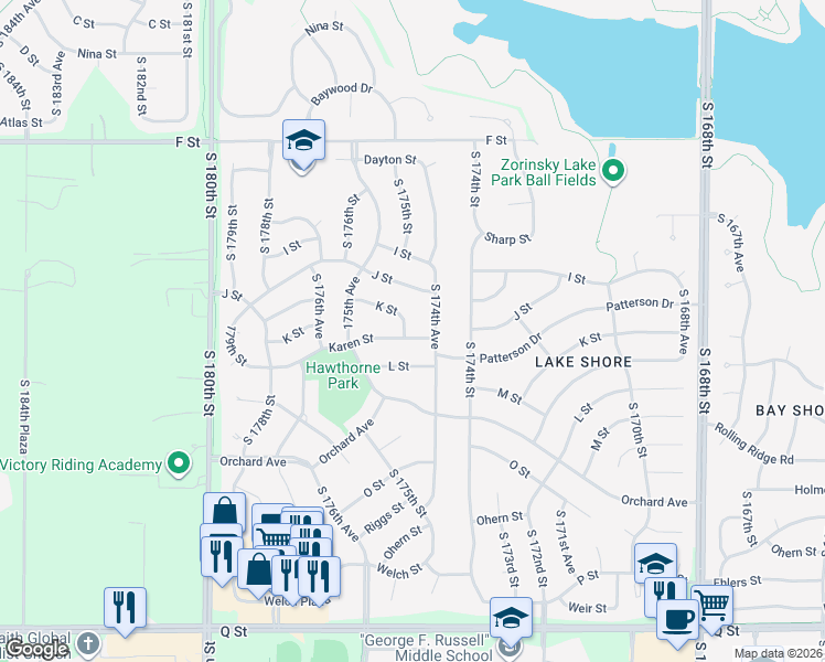 map of restaurants, bars, coffee shops, grocery stores, and more near 17465 K Street in Omaha