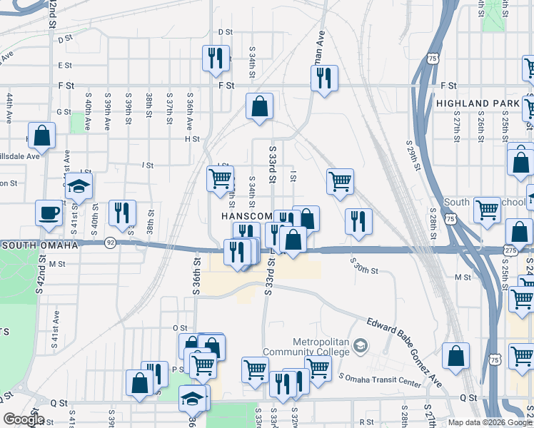 map of restaurants, bars, coffee shops, grocery stores, and more near 4511 South 33rd Street in Omaha