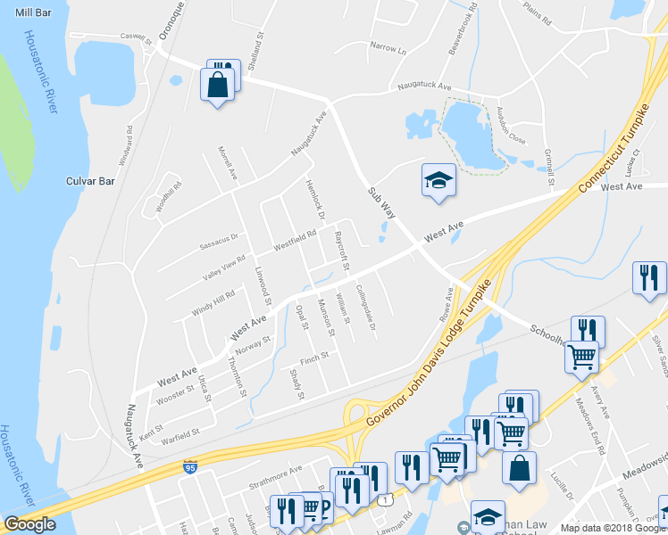 map of restaurants, bars, coffee shops, grocery stores, and more near 25 Whitwell Street in Milford