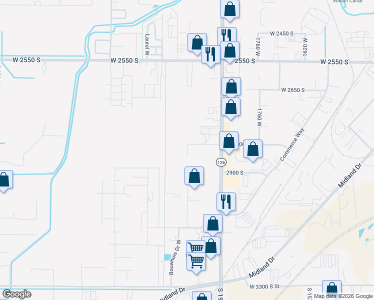 map of restaurants, bars, coffee shops, grocery stores, and more near 2805 South 2025 West in West Haven