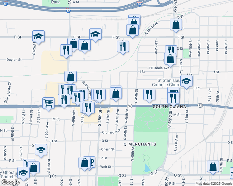 map of restaurants, bars, coffee shops, grocery stores, and more near 4510 South 46th Avenue in Omaha