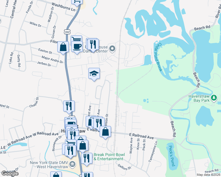 map of restaurants, bars, coffee shops, grocery stores, and more near 102 Benson Street in West Haverstraw