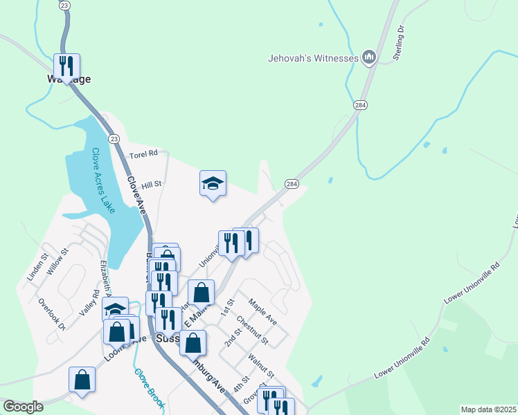 map of restaurants, bars, coffee shops, grocery stores, and more near 85 Unionville Avenue in Sussex