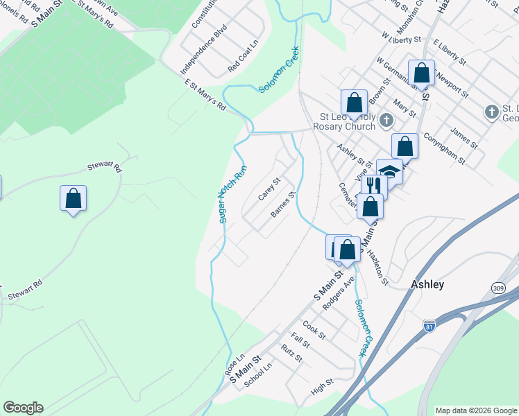map of restaurants, bars, coffee shops, grocery stores, and more near 53 Carey St in Ashley