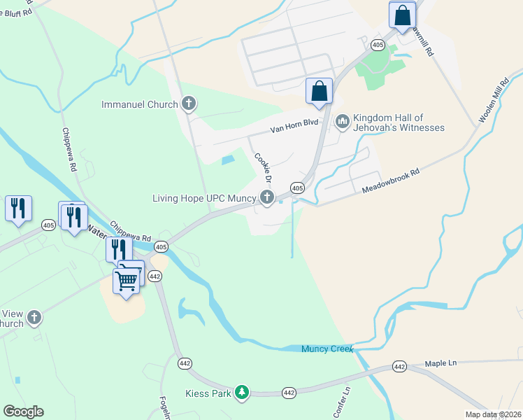 map of restaurants, bars, coffee shops, grocery stores, and more near 81 Cookie Drive in Muncy