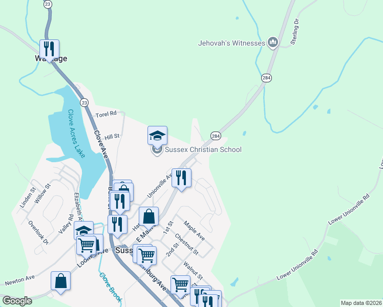 map of restaurants, bars, coffee shops, grocery stores, and more near 85 Unionville Avenue in Sussex