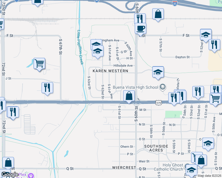 map of restaurants, bars, coffee shops, grocery stores, and more near 4602 South 61st Avenue in Omaha