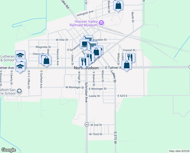map of restaurants, bars, coffee shops, grocery stores, and more near 107 E State St in North Judson