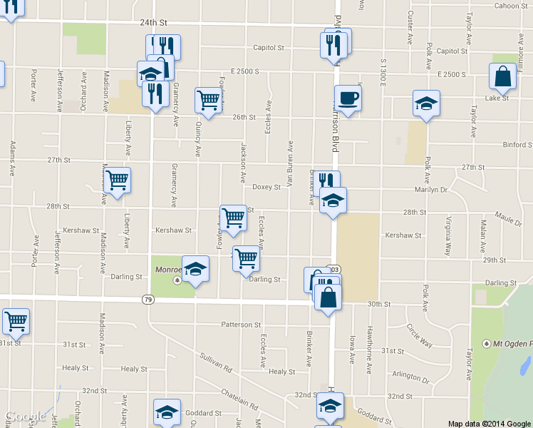 map of restaurants, bars, coffee shops, grocery stores, and more near 2802 Eccles Ave in Ogden