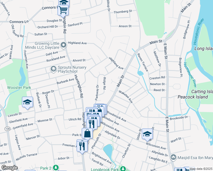 map of restaurants, bars, coffee shops, grocery stores, and more near 65 Paradise Court in Stratford