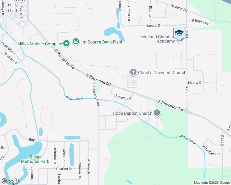 map of restaurants, bars, coffee shops, grocery stores, and more near 1972 East Wade Road in Warsaw