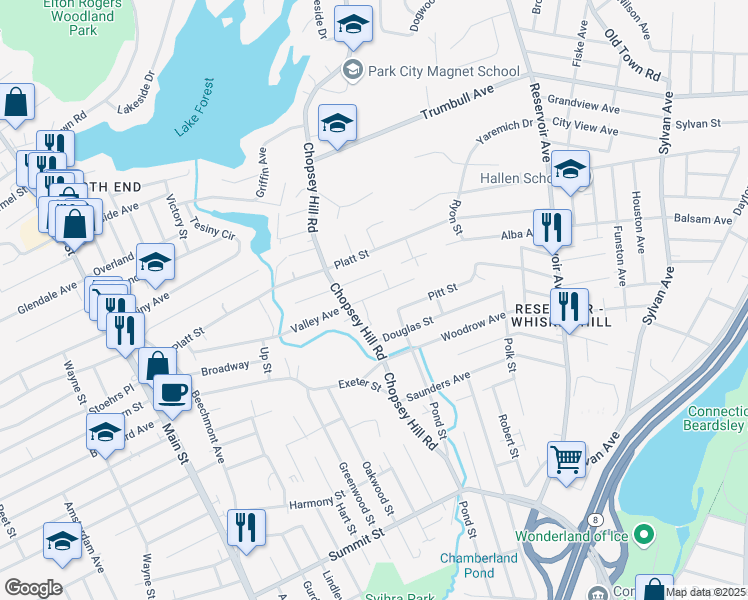 map of restaurants, bars, coffee shops, grocery stores, and more near 455 Woodlawn Avenue in Bridgeport