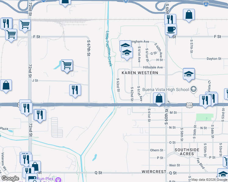 map of restaurants, bars, coffee shops, grocery stores, and more near 4528-1/2 South 63rd Street in Omaha