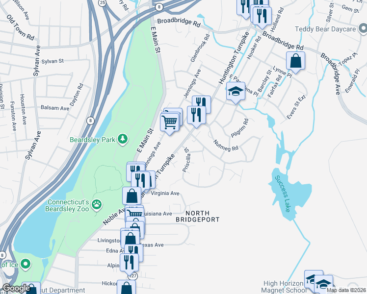 map of restaurants, bars, coffee shops, grocery stores, and more near 14 Priscilla Street in Bridgeport