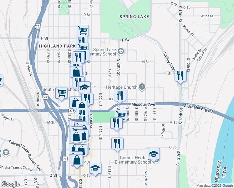 map of restaurants, bars, coffee shops, grocery stores, and more near 4521 South 20th Street in Omaha