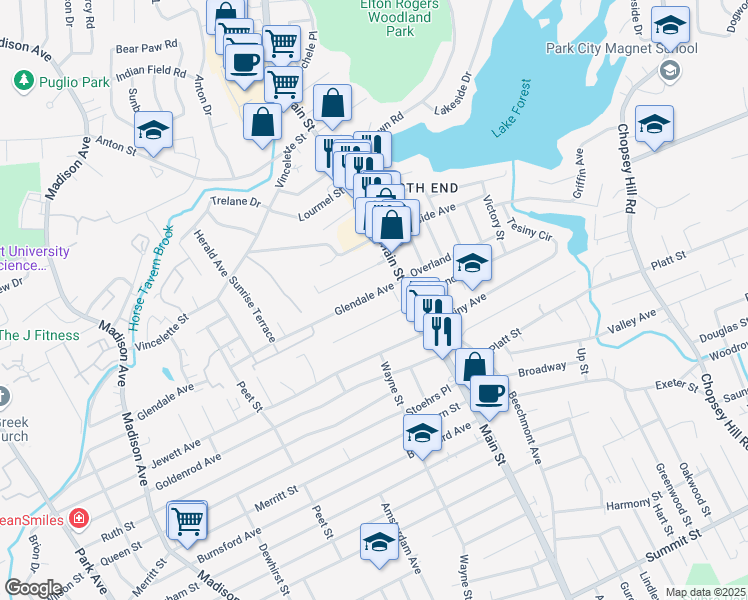 map of restaurants, bars, coffee shops, grocery stores, and more near 75 Glendale Avenue in Bridgeport