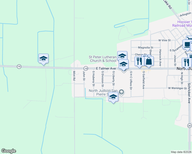 map of restaurants, bars, coffee shops, grocery stores, and more near 6060 South Hubeny Street in North Judson