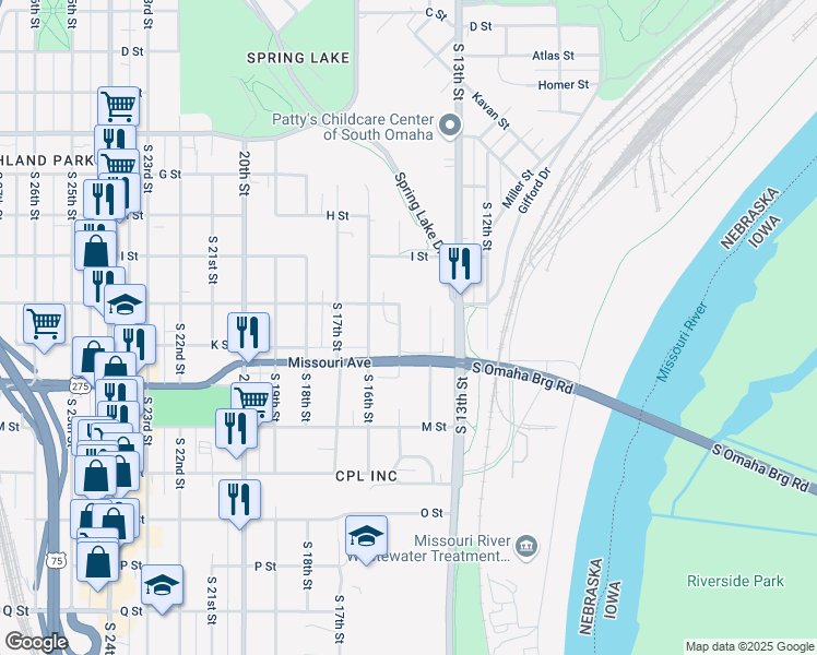 map of restaurants, bars, coffee shops, grocery stores, and more near 4517 South 15th Street in Omaha