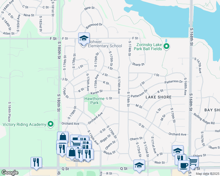 map of restaurants, bars, coffee shops, grocery stores, and more near 17465 K Street in Omaha