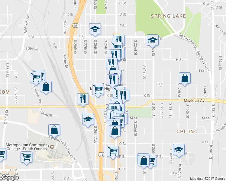 map of restaurants, bars, coffee shops, grocery stores, and more near 4522 South 24th Street in Omaha