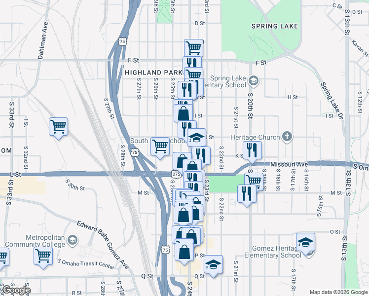 map of restaurants, bars, coffee shops, grocery stores, and more near 4522 South 24th Street in Omaha