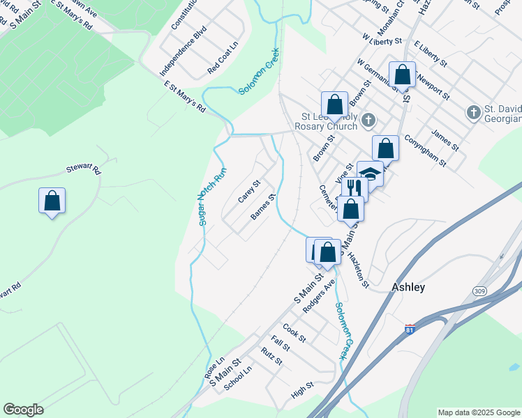 map of restaurants, bars, coffee shops, grocery stores, and more near Barnes Street in Ashley