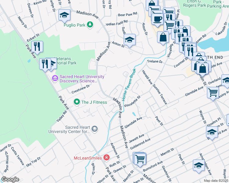map of restaurants, bars, coffee shops, grocery stores, and more near 216 Cherry Hill Drive in Bridgeport
