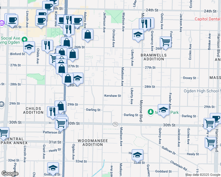 map of restaurants, bars, coffee shops, grocery stores, and more near 613 28th Street in Ogden