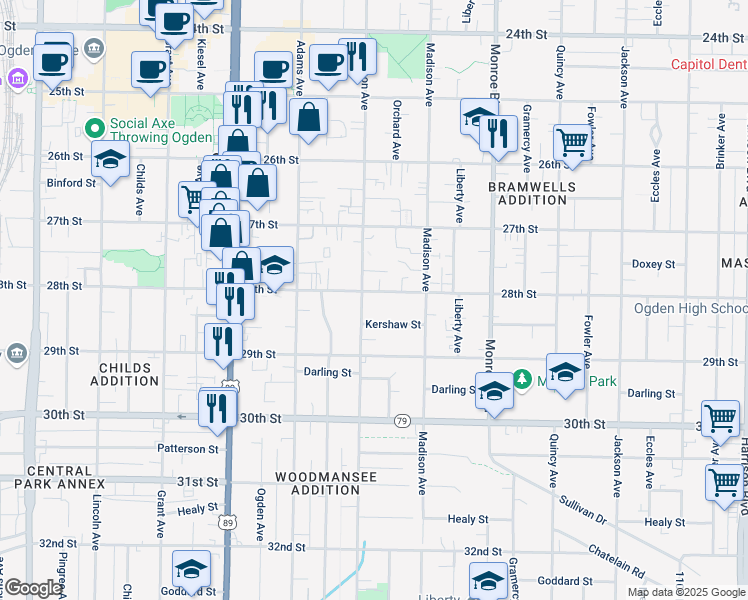 map of restaurants, bars, coffee shops, grocery stores, and more near 613 28th Street in Ogden