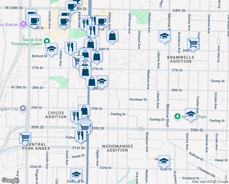 map of restaurants, bars, coffee shops, grocery stores, and more near 2808 Adams Avenue in Ogden