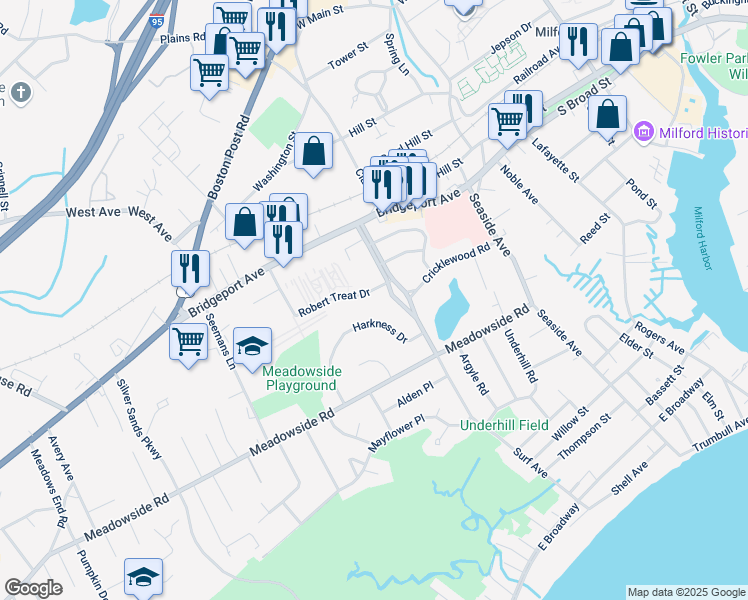map of restaurants, bars, coffee shops, grocery stores, and more near 174 Robert Treat Drive in Milford