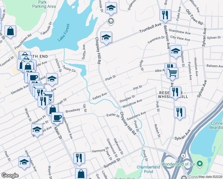 map of restaurants, bars, coffee shops, grocery stores, and more near 455 Woodlawn Avenue in Bridgeport