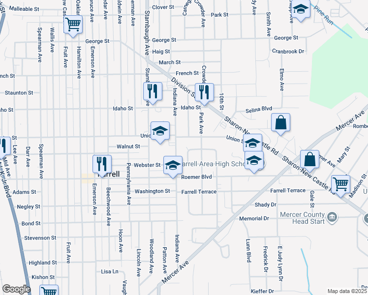 map of restaurants, bars, coffee shops, grocery stores, and more near 320 Shenango Boulevard in Farrell